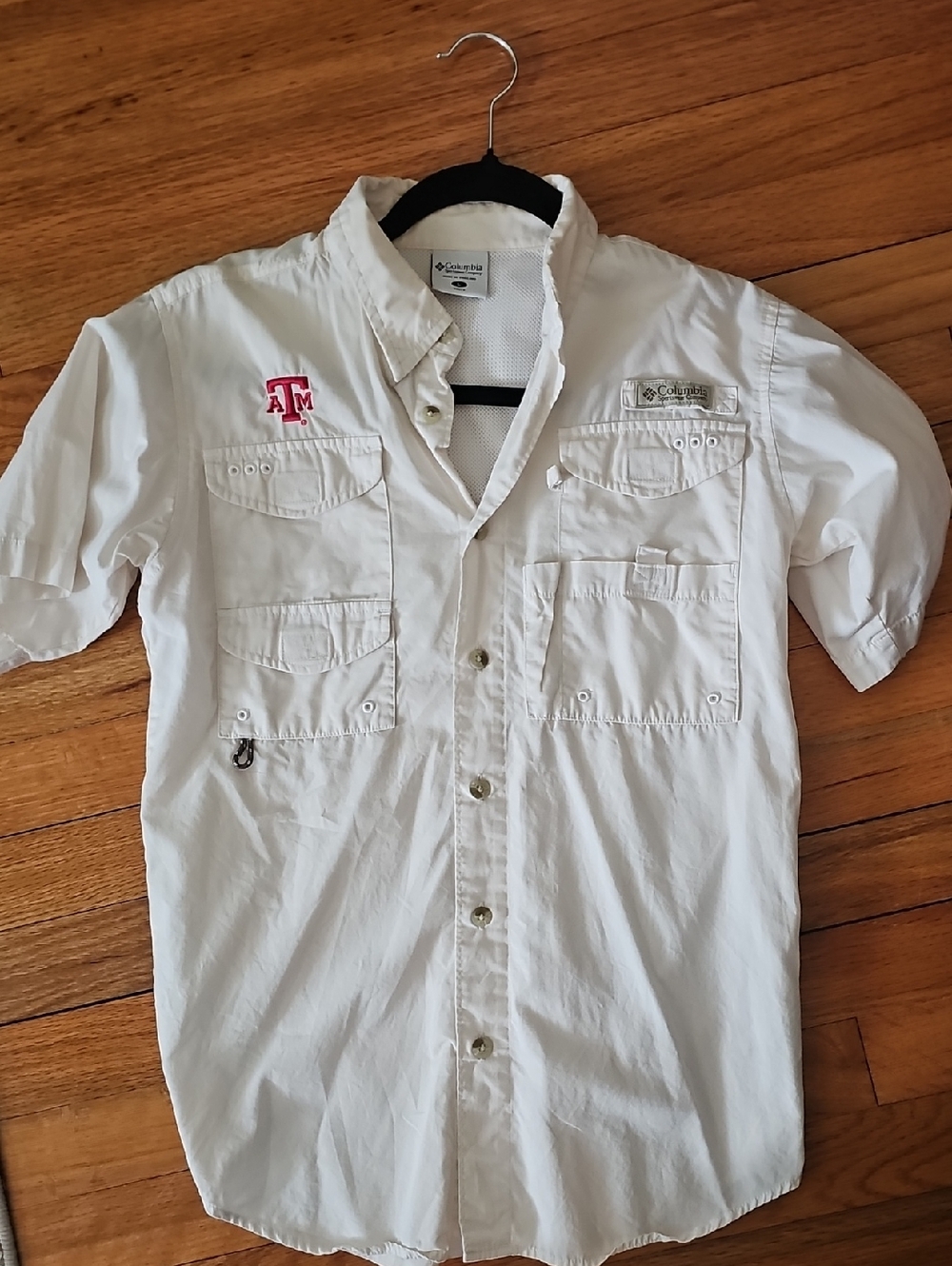 Columbia Boy's Short-Sleeve Performance Button-Down Shirt - White with Red Logo.